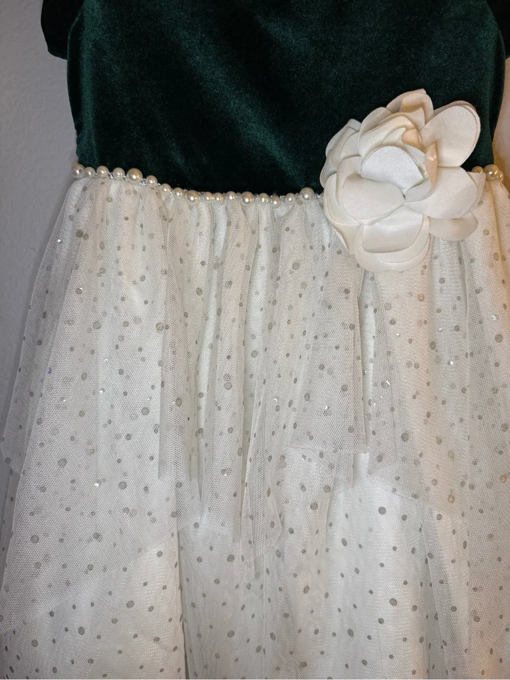 iris & ivy Dark Green Velvet and Ivory Tulle Flower Girl Dress